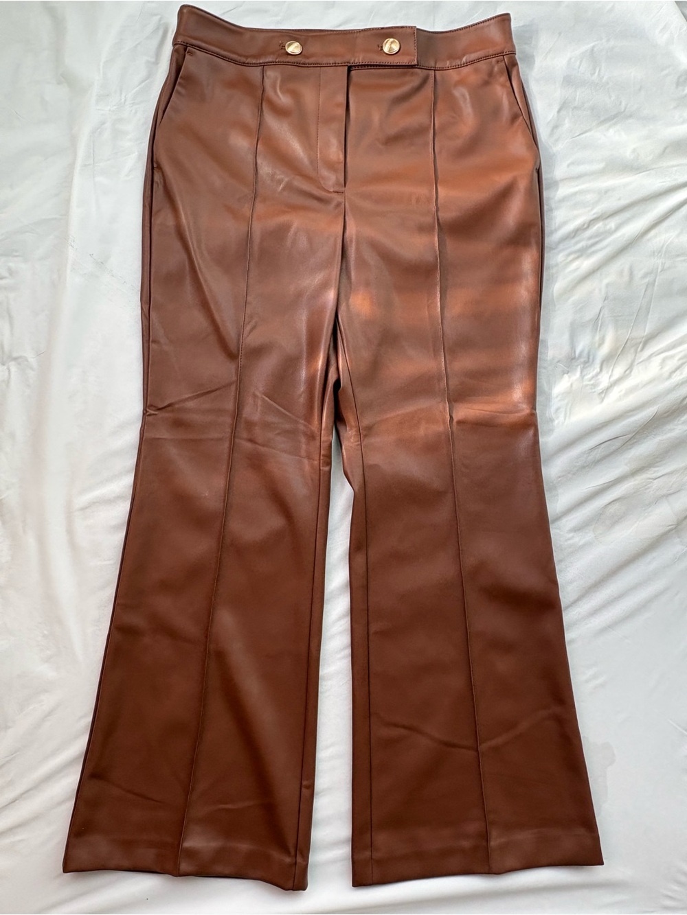 LOFT Brown Faux Leather Flare Pants with Gold Buttons 12P
